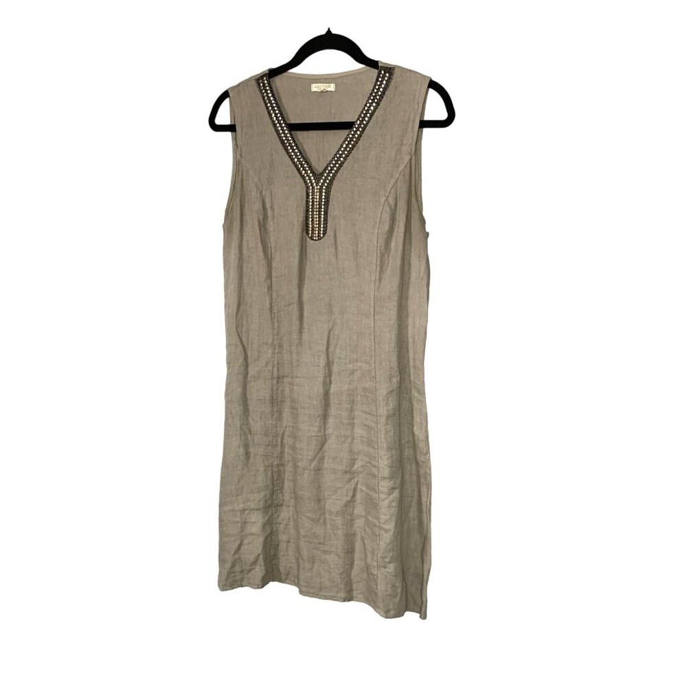 Lina Tomei Italy Womens Size Medium Dress Sleeveless Linen Tank Beaded Embellish